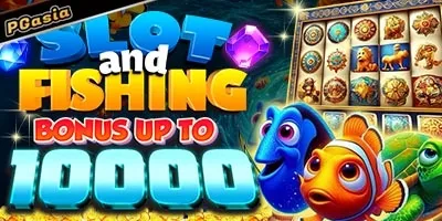 Mobile phone showing slot machine and fishing game with PGasia bonus rewards up to 10000