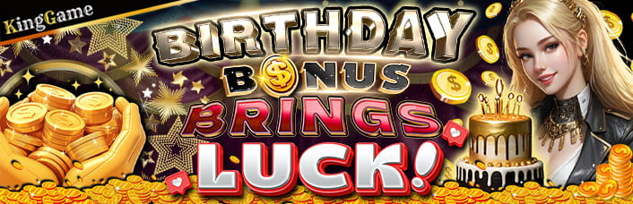 KingGame birthday bonus offer with VIP rewards and colorful casino elements